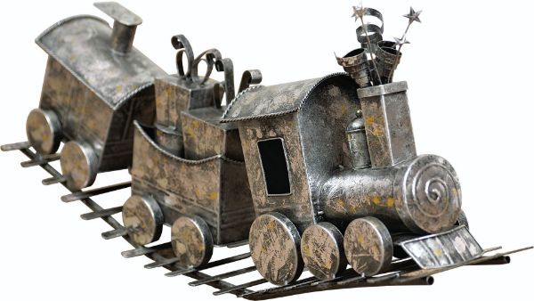 Rustic silver metal holiday train sculpture with three cars on a curved track.