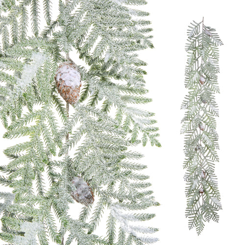 6-foot iced Norfolk pine garland with green polyethylene needles and snowy pinecones.