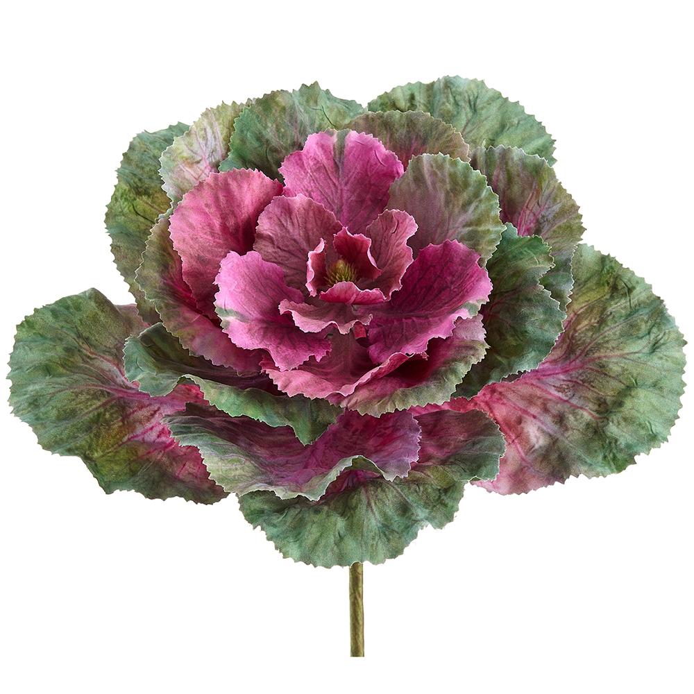 Polyester ornamental cabbage pick with plastic leaves in green and white patterned silhouette.