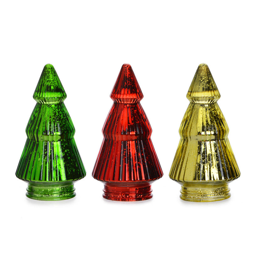 Three glass Christmas trees in green, red, and gold, with ribbed texture and a speckled finish.
