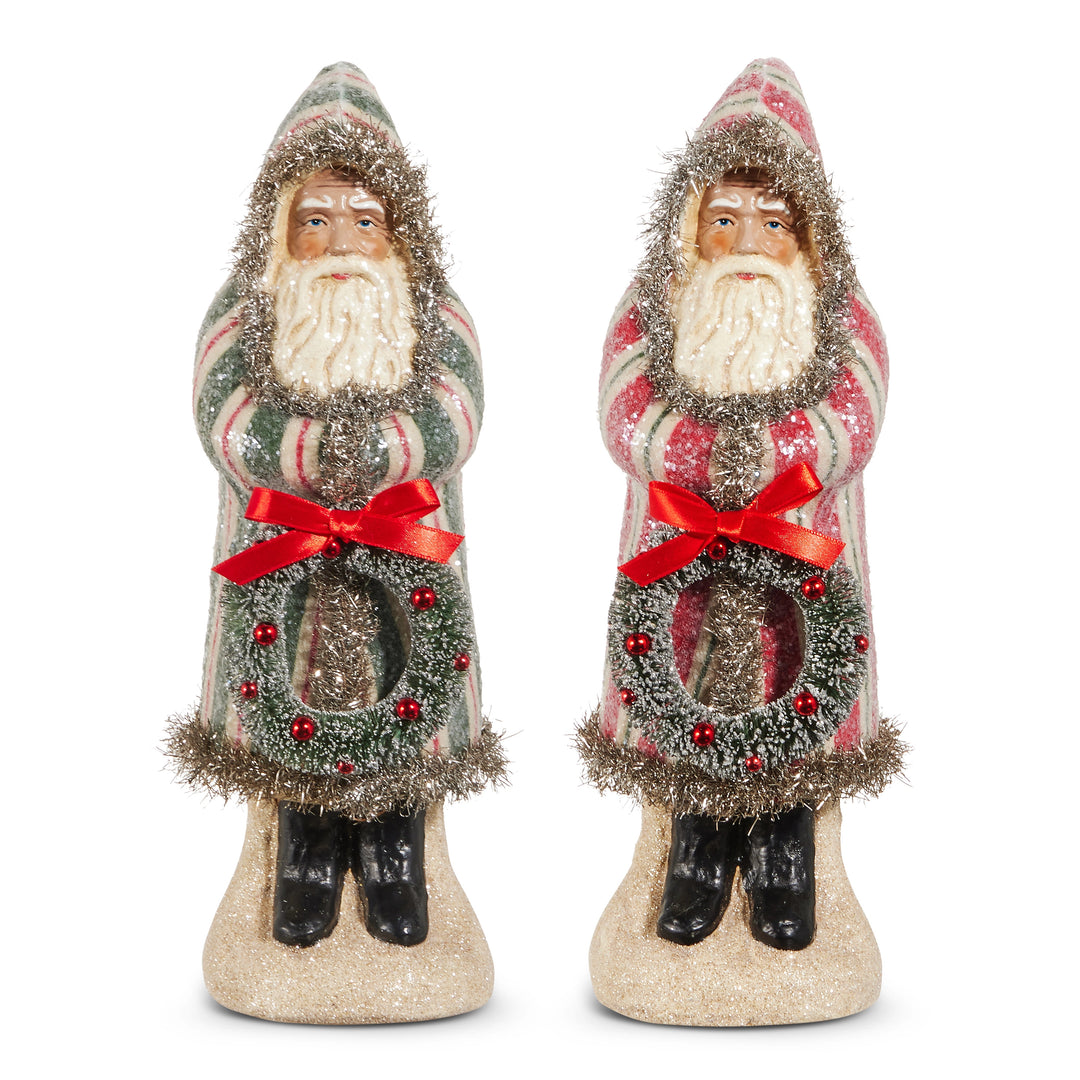 Two 12-inch Old World Santa figures in striped robes holding wreaths with red bows.