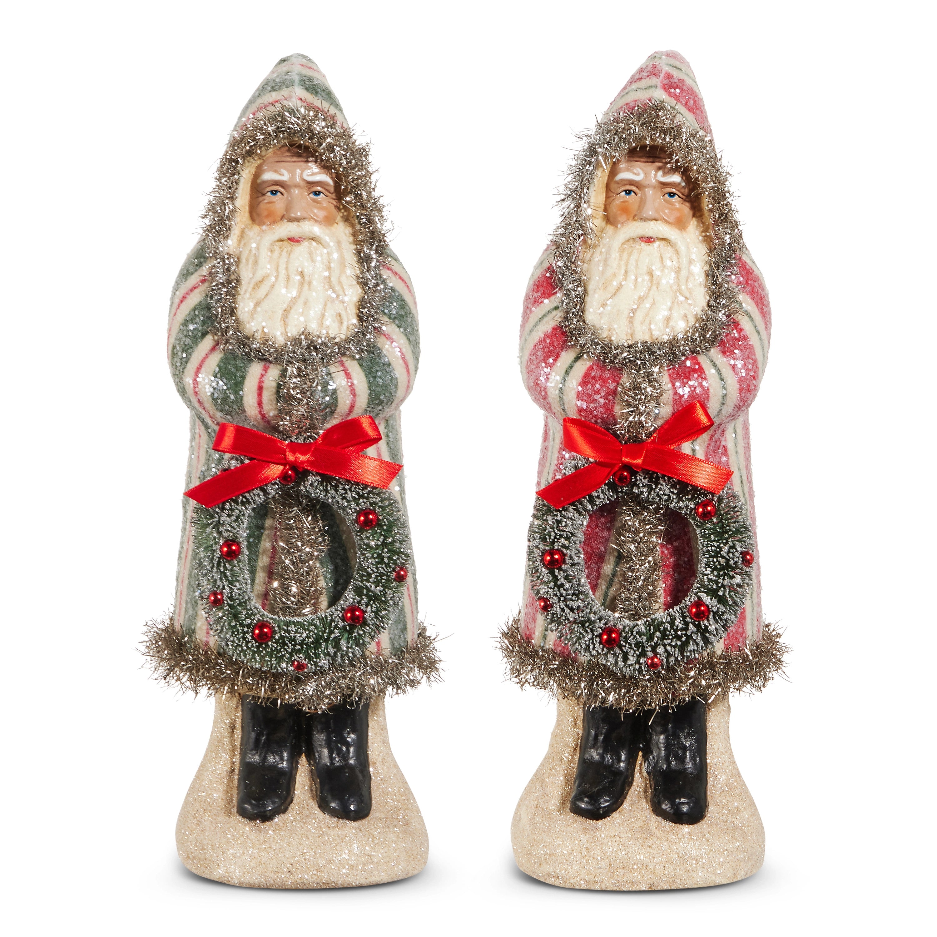 Two 12-inch Old World Santa figures in striped robes holding wreaths with red bows.