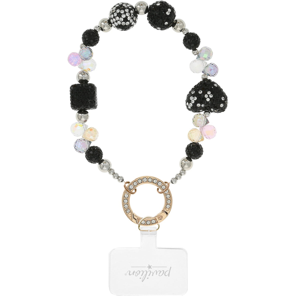 Black crystal and iridescent beaded wristlet strap with a gold gemmed clasp and phone holder tab.