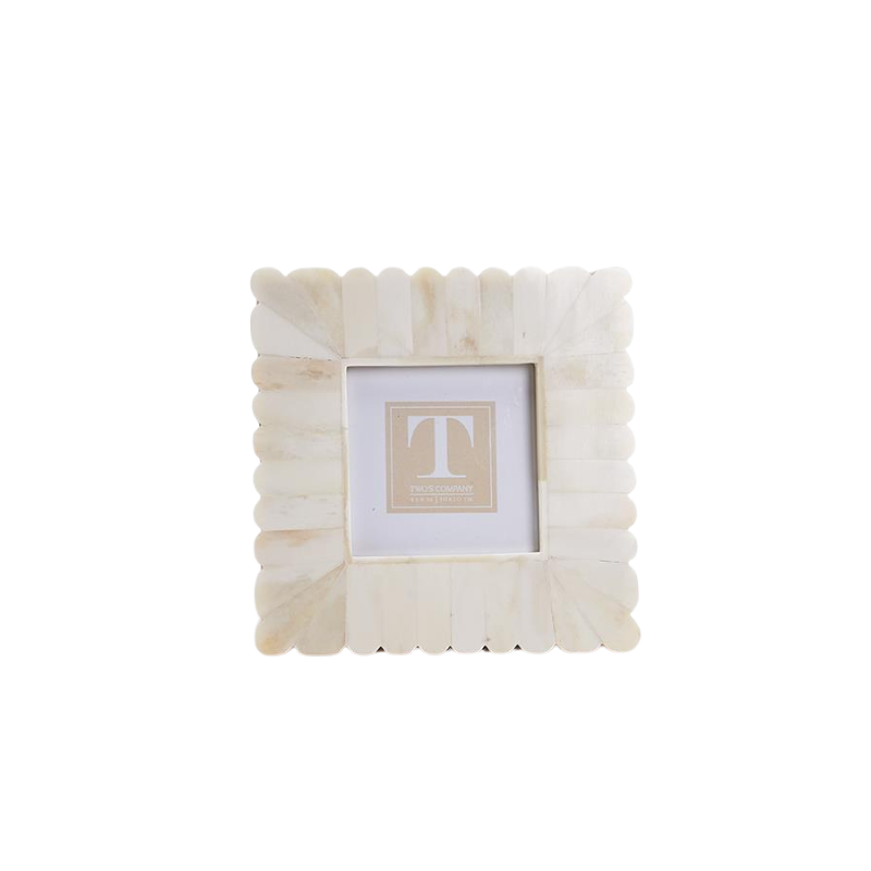 Square bone-inlay photo frame with a scalloped edge and natural cream-colored finish.