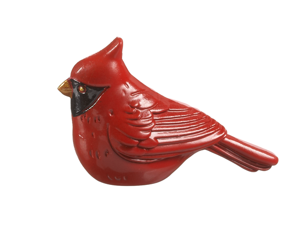 Small red cardinal bird charm with black face mask and gold beak.