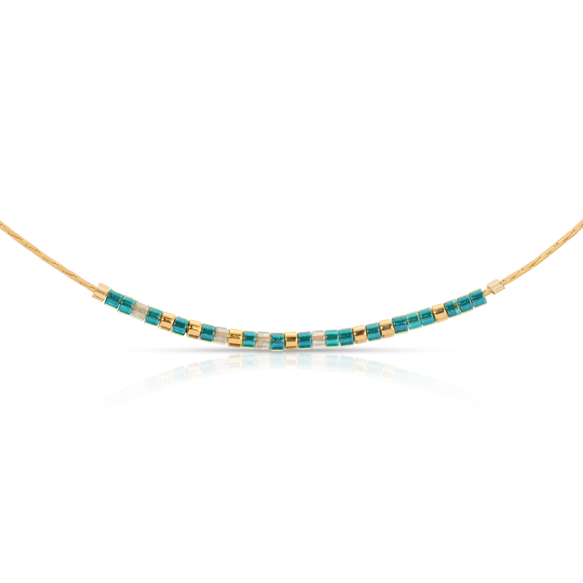 Emerald green shimmer necklace with iridescent cream accents featuring a Morse code pendant symbolizing fearlessness.