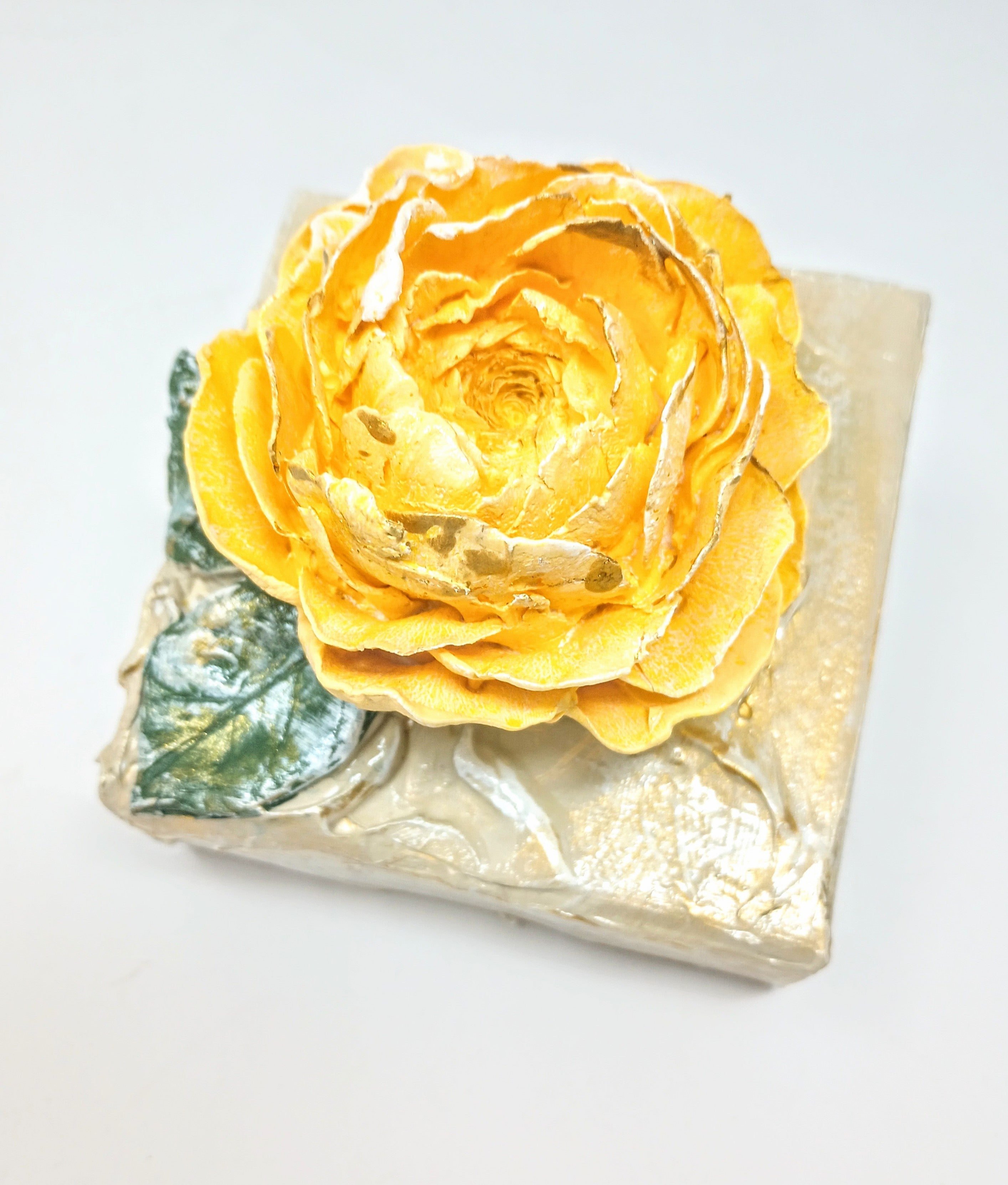 4x4 inch square clay artwork featuring a rose relief with textured earthy finish.