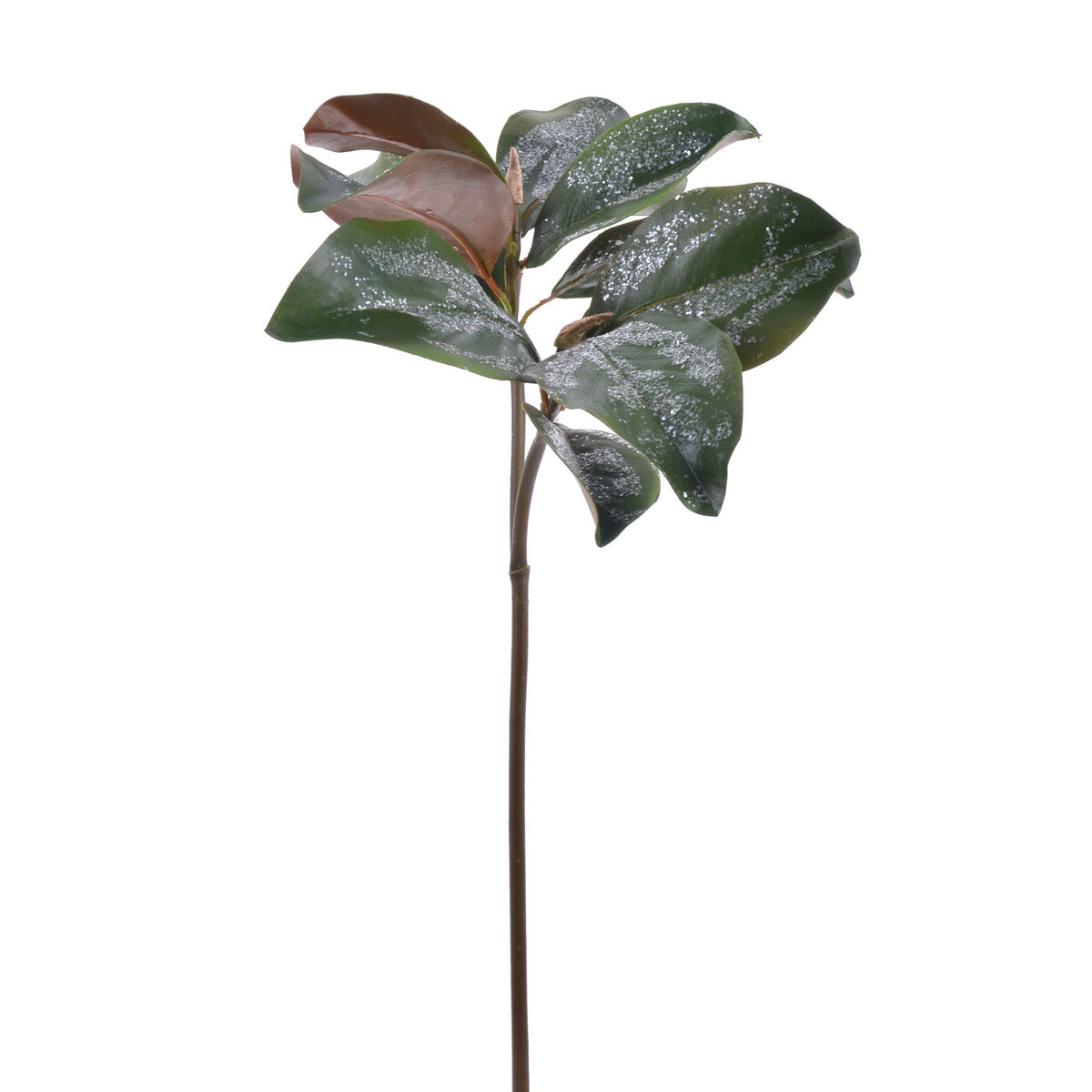 25-inch artificial magnolia leaf stem with green glittered tops and brown undersides.