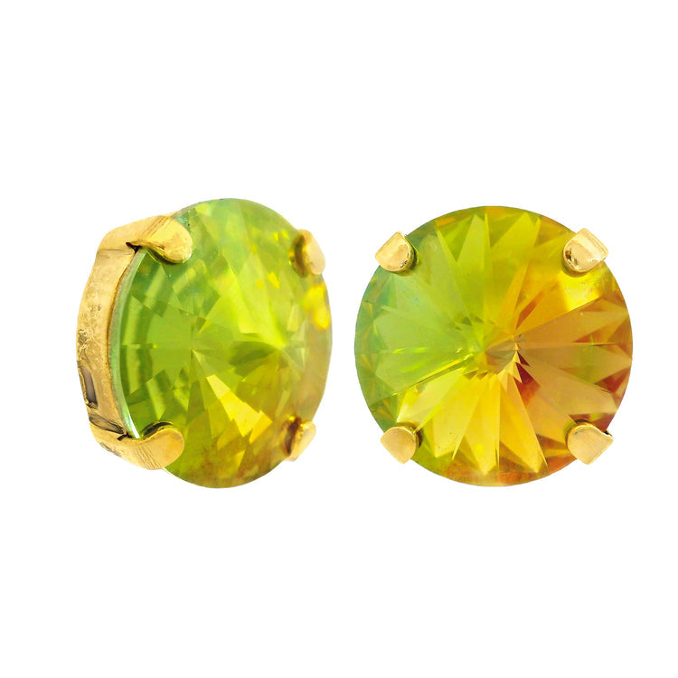 Antique gold-plated stud earrings with large clear crystals on surgical steel posts