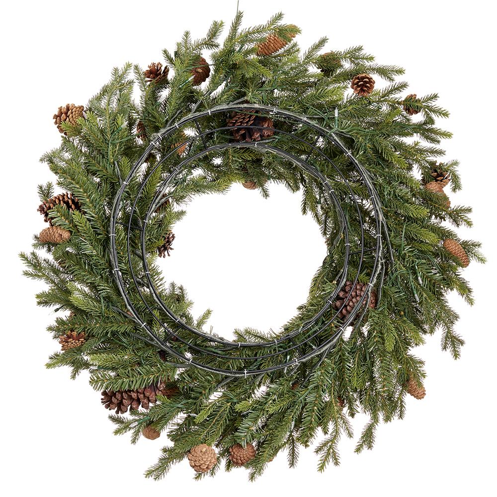 32-inch green spruce wreath with brown pine cones and 150 LED lights, back view showing wire frame.