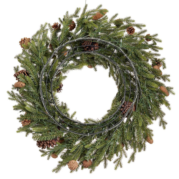 32-inch green spruce wreath with brown pine cones and 150 LED lights, back view showing wire frame.