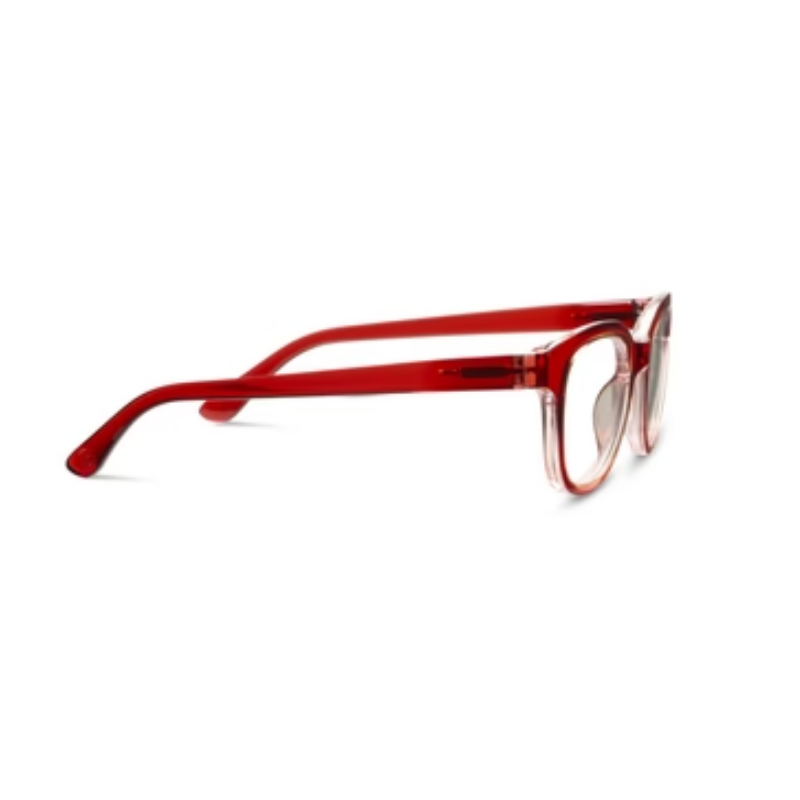 Side view of Spell glasses with red polycarbonate frames and clear blue light focus lenses.