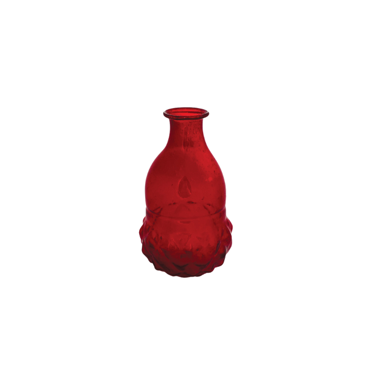 Ruby red hand-blown glass bud vase with a textured base and smooth neck.