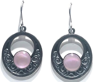 Silver loop earrings with a pink center stone and intricate scrollwork detailing.