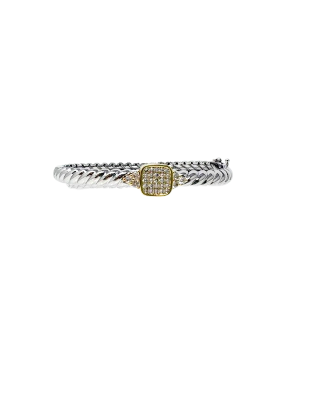 Silver twisted cable bracelet with a gold-framed cushion-shaped pave cubic zirconia center.
