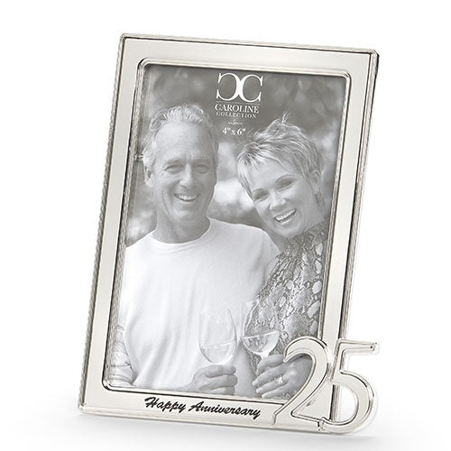 Silver 6.75-inch 25th Anniversary picture frame with 'Happy Anniversary' text and a large number 25.