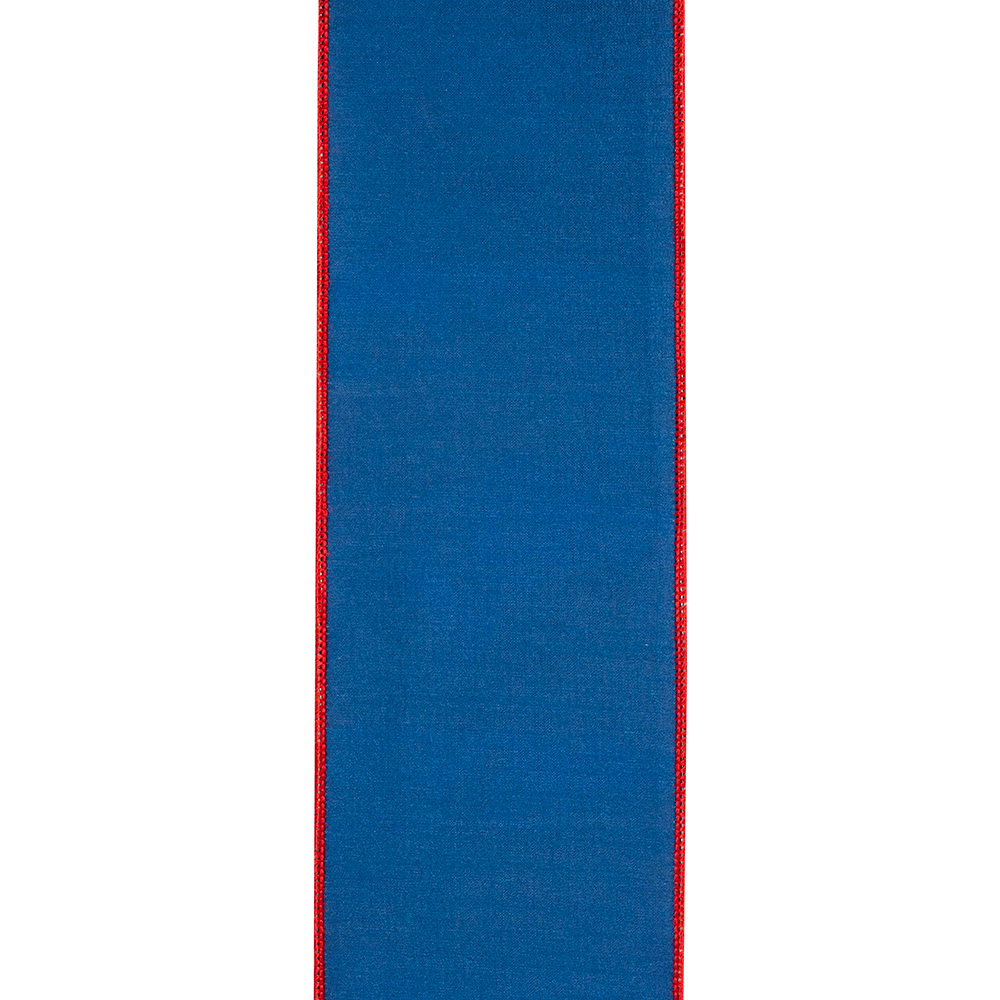 Pheasant Horizon blue dupioni ribbon with a red wired edge.