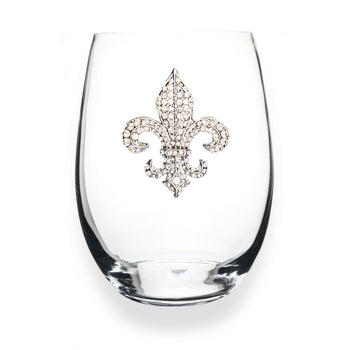 Handcrafted stemless wine glass with jeweled embellishments around the rim in clear crystal.