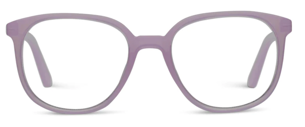 Blue light blocking eyeglasses with thin round frames in juicy fruit punch colors featuring spring hinges and UV400 protection.