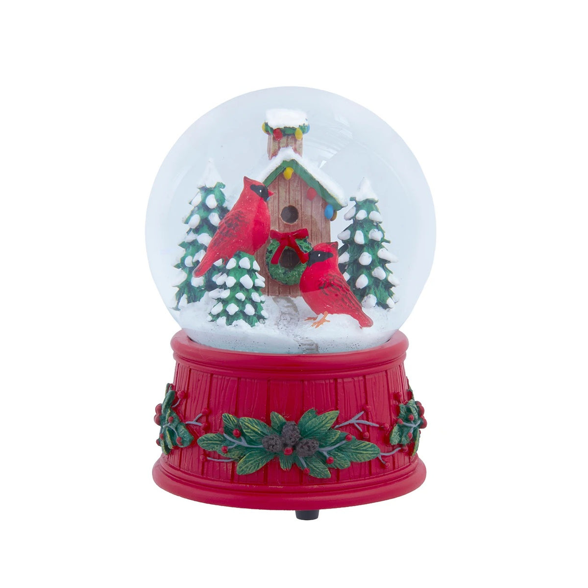 100MM wind-up musical water globe featuring two red cardinals, a birdhouse, and snowy pine trees.