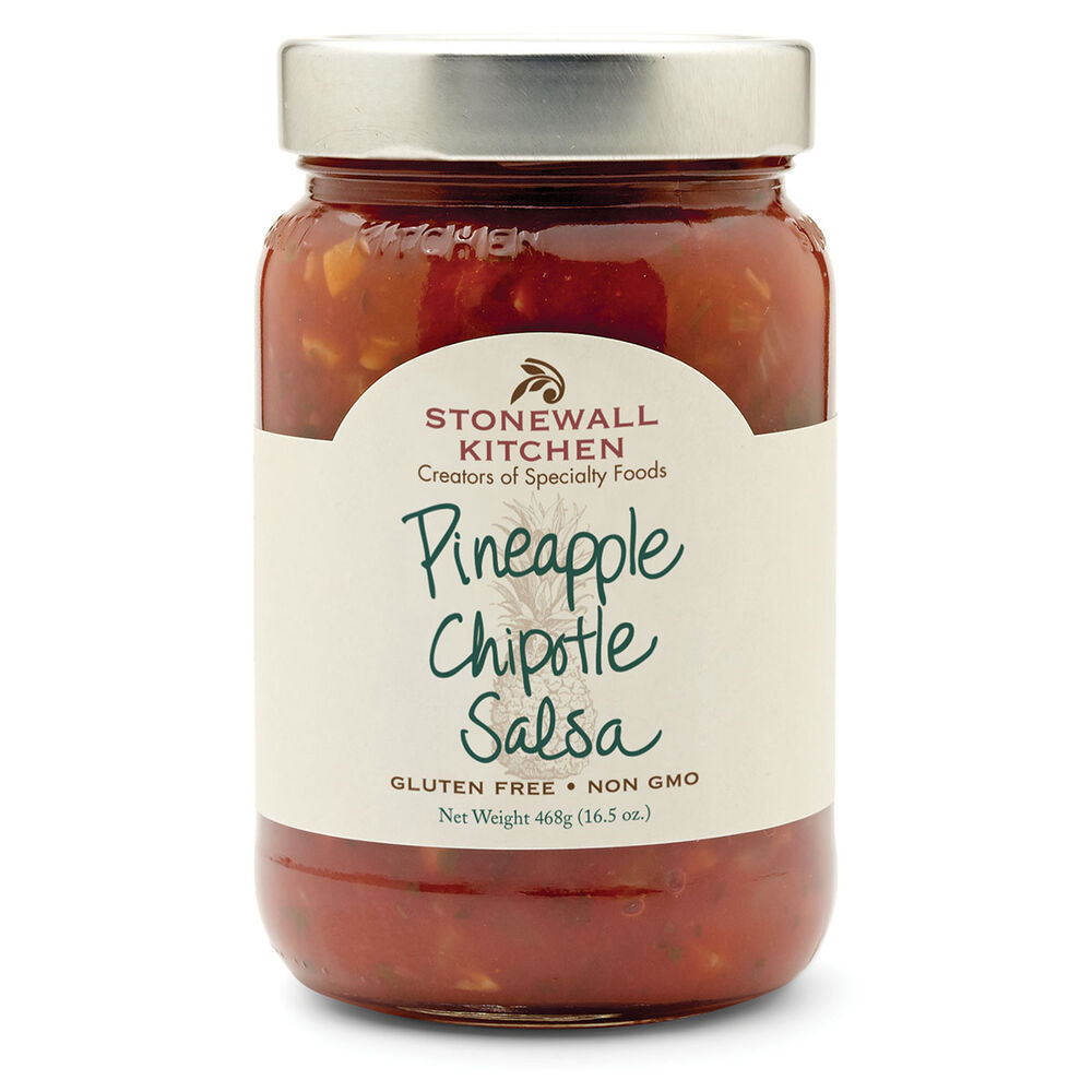 Jar of Pineapple Chipotle Salsa with tomatoes, pineapple, onions, cilantro, and chipotle peppers.