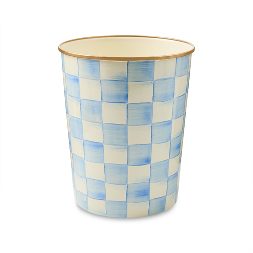 Hand-painted Sky Blue Check waste bin with bronzed stainless steel rim on heavy-gauge steel base.