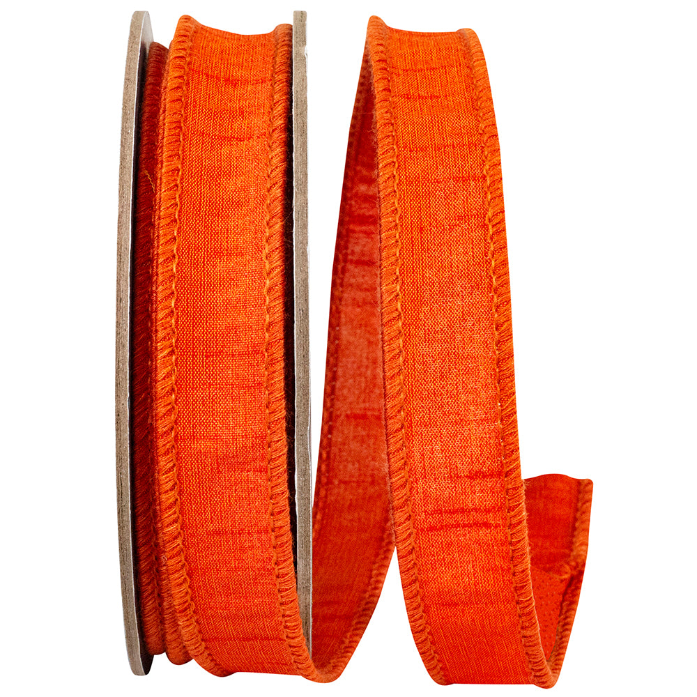 7/8 inch wide Dupioni wired edge ribbon in a solid color with textured fabric.