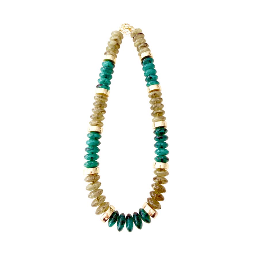 Calloway Beaded Disc Necklace featuring green and neutral stone discs with gold-tone spacers.