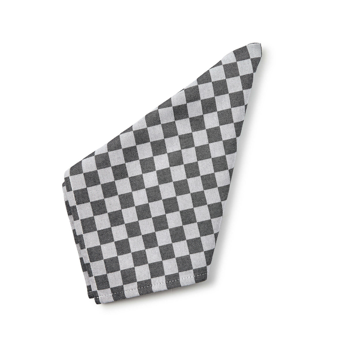 A single black and white checkered cotton napkin folded into a triangle on a white background.