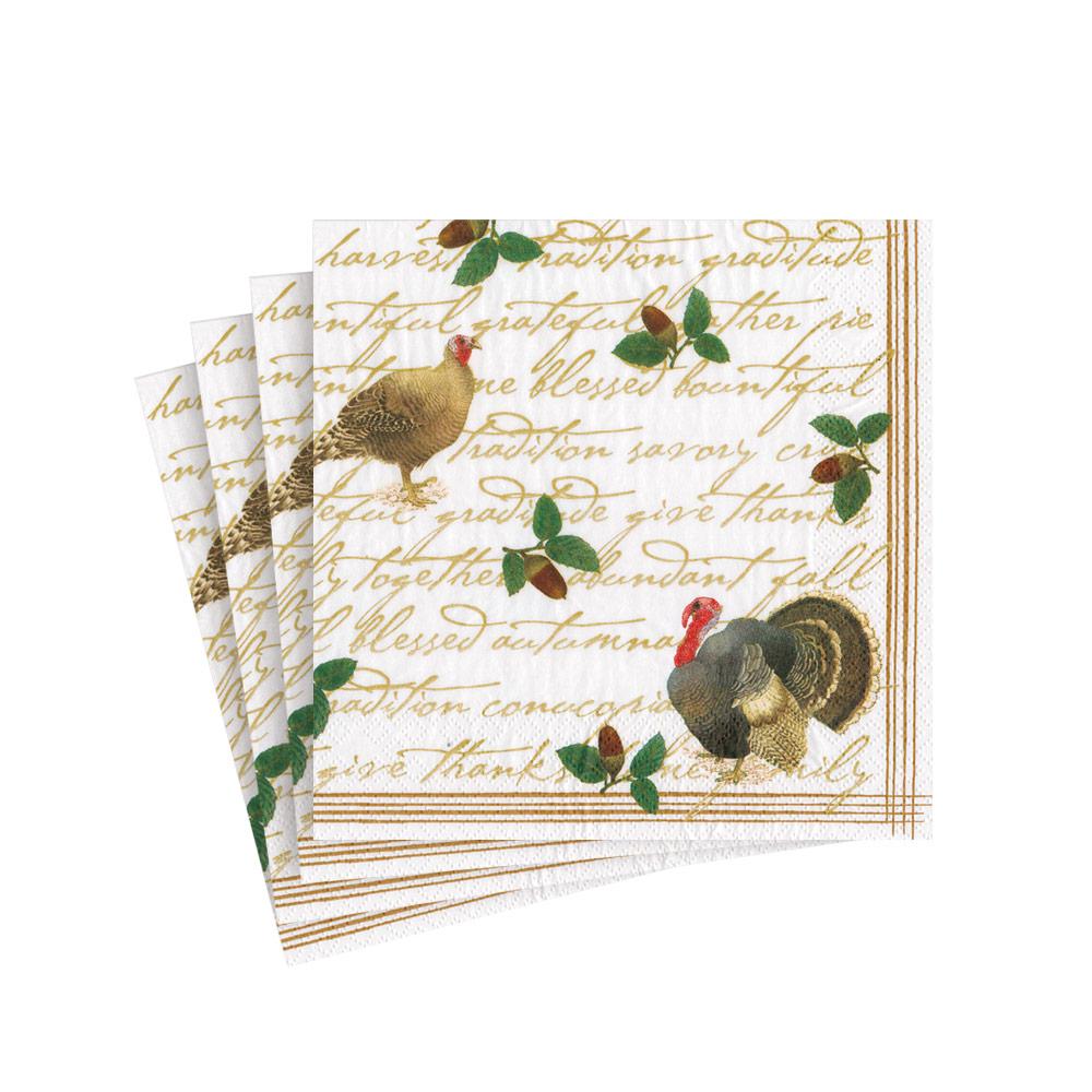 Triple-ply cocktail napkins with printed floral patterns in blue and white.