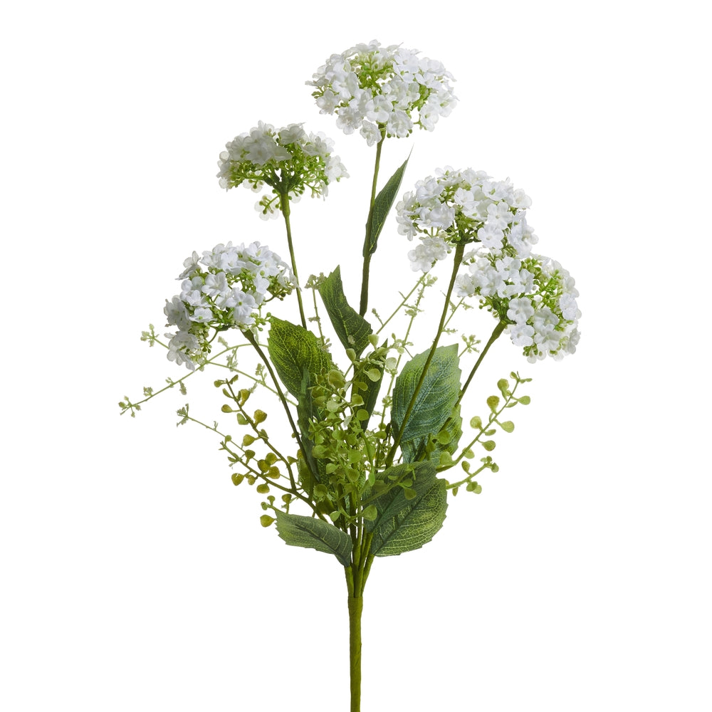 Artificial white hydrangea bush with polyester blooms measuring 20 inches tall.