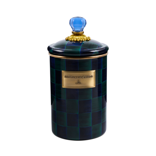 Juniper Check Large Canister with hand-painted green and blue checks and a blue glass finial.