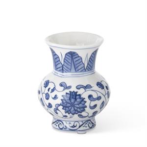 Blue and white ceramic mini bud vase with chinoiserie floral patterns.