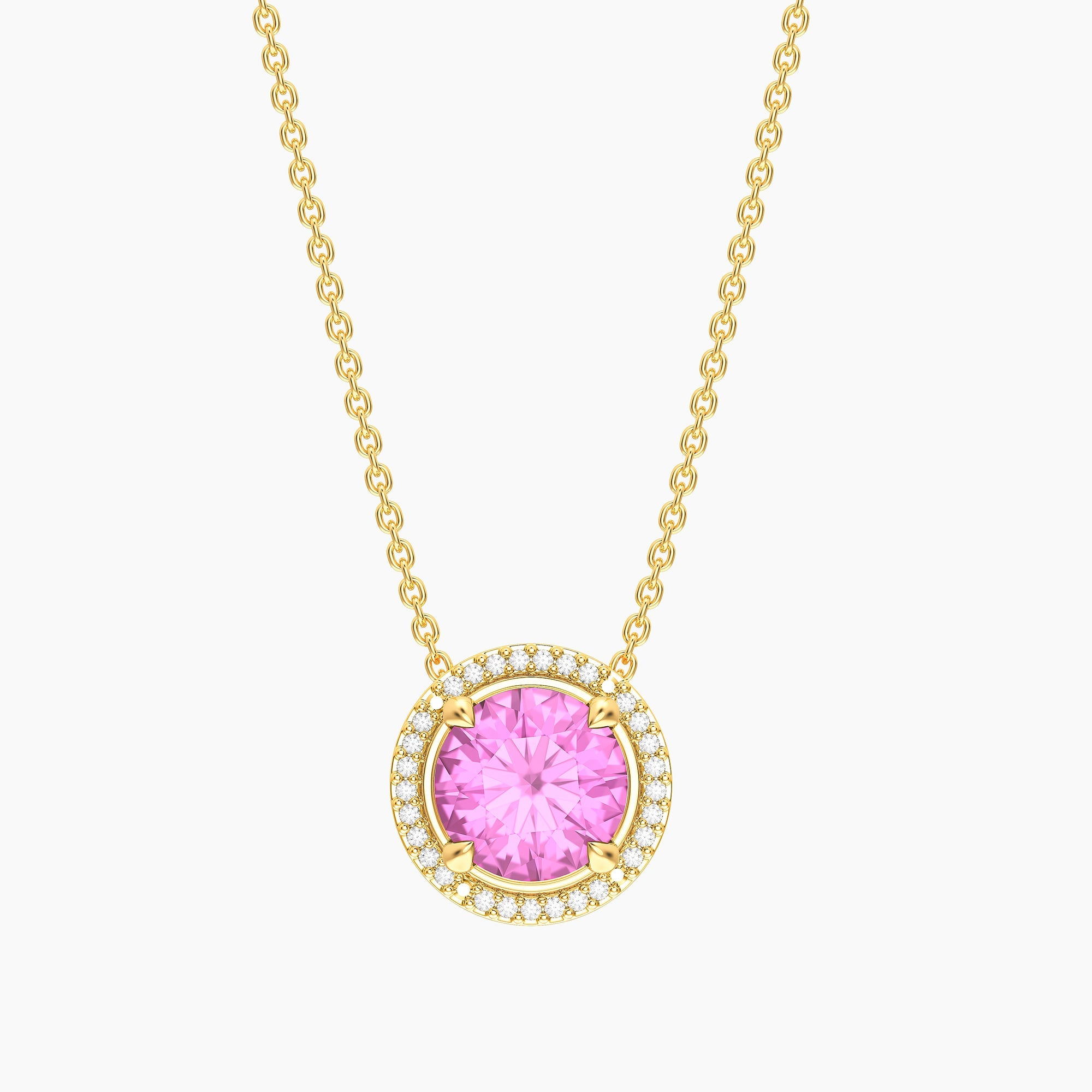 Gold plated birthstone pendant necklace with a round pink center stone and diamond halo.