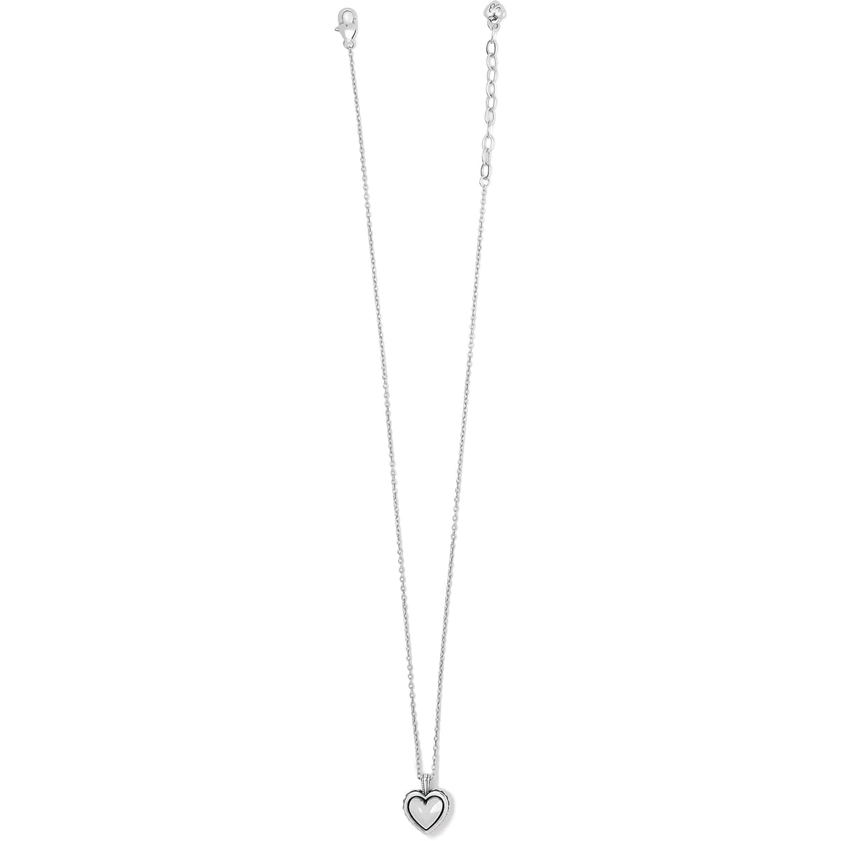 Silver petite heart necklace with a studded border on a delicate adjustable chain.