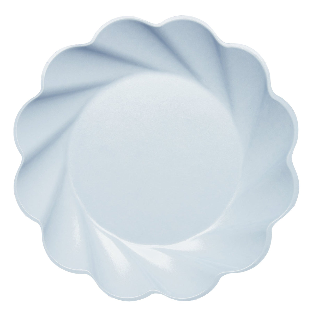 Light blue eco dinner plate with a scalloped edge and spiral texture.