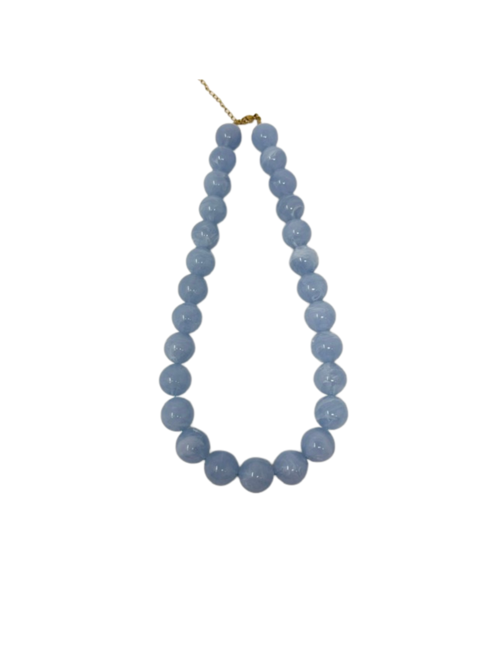 Chunky round light blue marbled bead statement necklace with a gold-tone chain clasp.