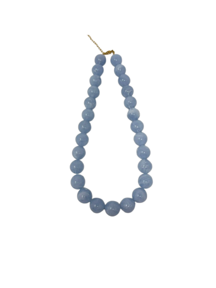 Chunky round light blue marbled bead statement necklace with a gold-tone chain clasp.
