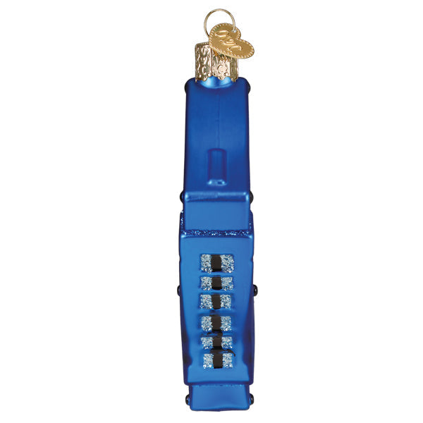 Side view of a blue glass cassette tape ornament with a gold heart-shaped charm on top.