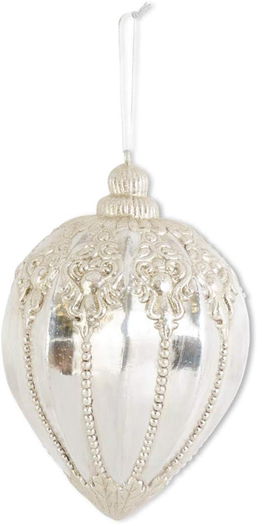 Silver glittered shatterproof finial ornament with ornate embossed scrollwork and beaded details.