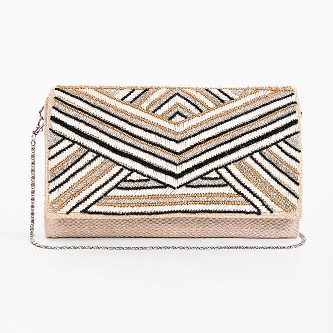Golden Glam Hand Beaded Clutch with geometric chevron patterns in gold, black, and white beads.