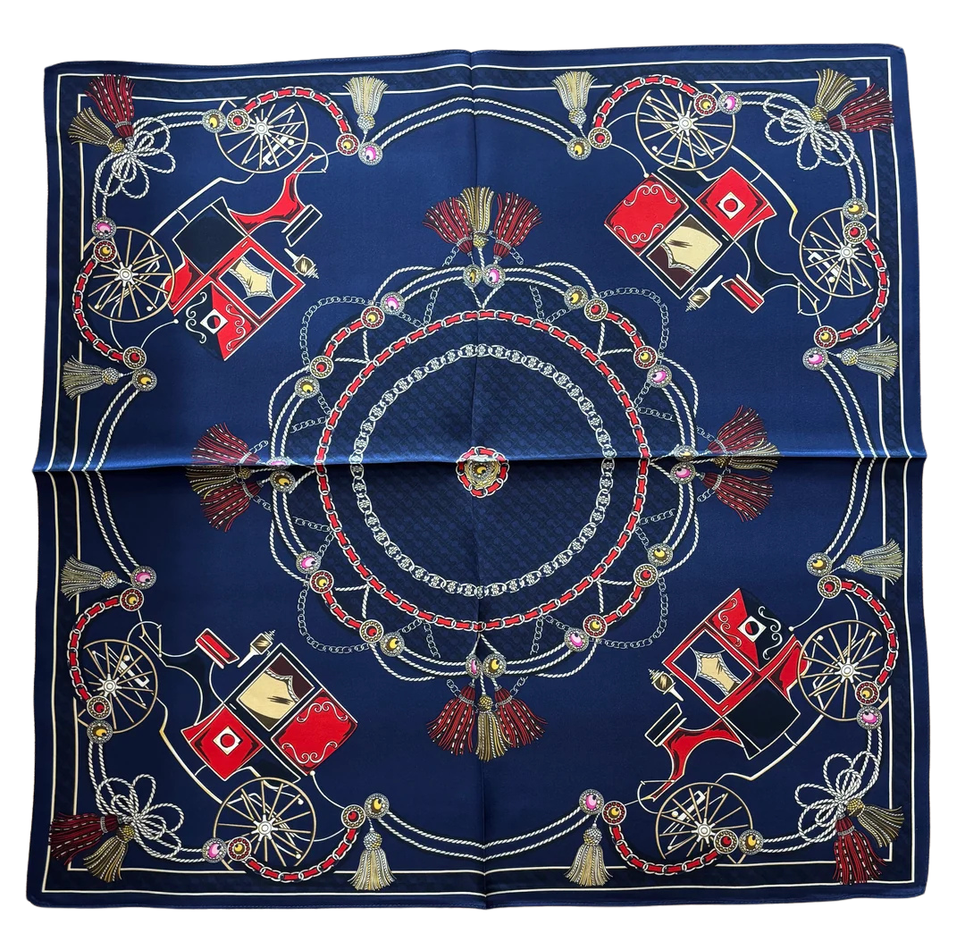 Navy blue silk square scarf with a red and gold horse-drawn carriage and chain link pattern.