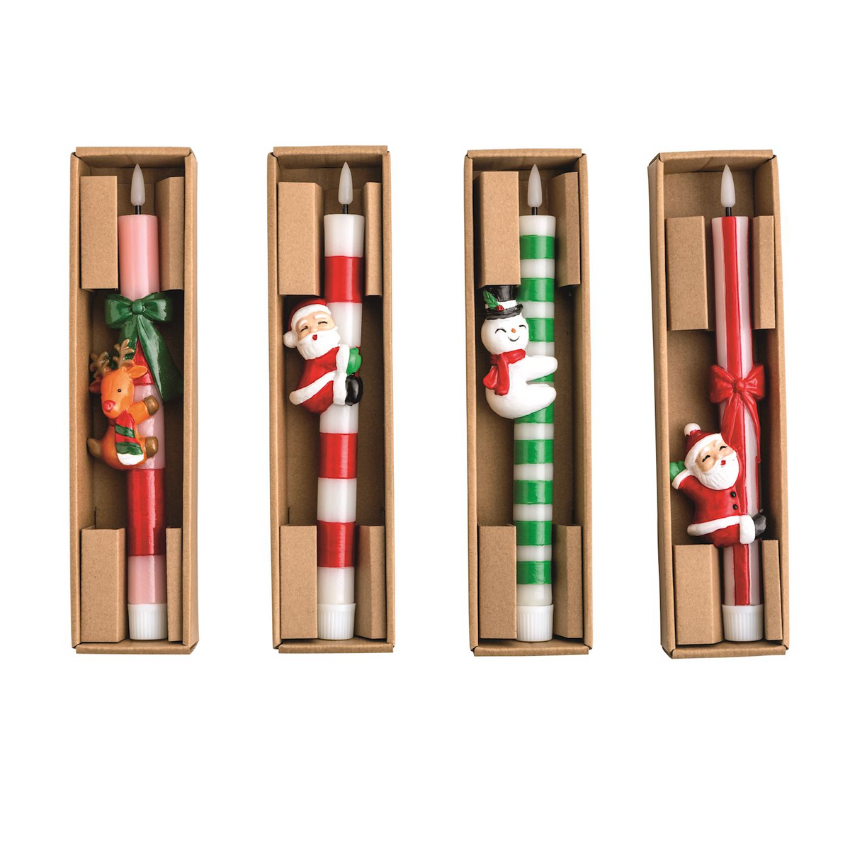 Four individual flameless taper candles with reindeer, Santa, and snowman resin huggers in boxes.