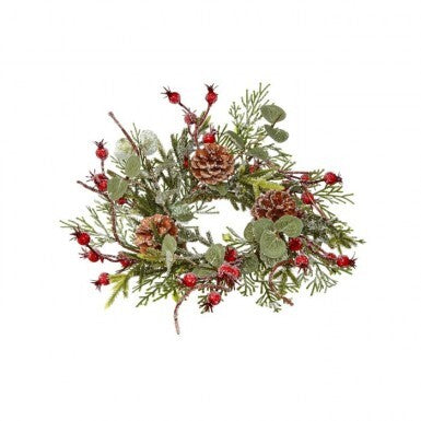 12-inch frosted candle ring with mixed greens, red berries, and pine cones on a white background.