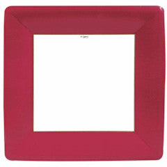 Square red paper dinner plate with a white center.