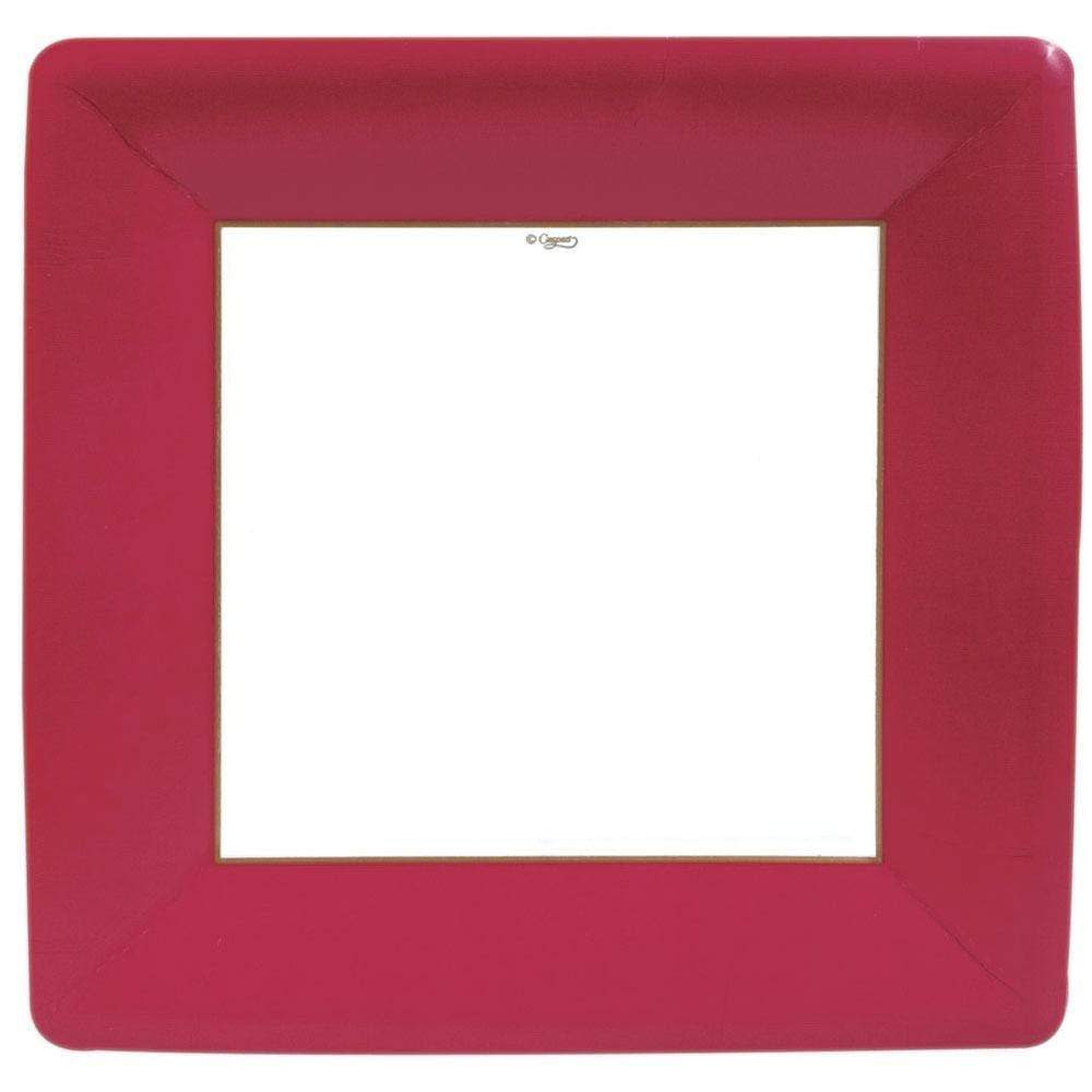 Square dinner plate with a wide magenta pink border and a white center.