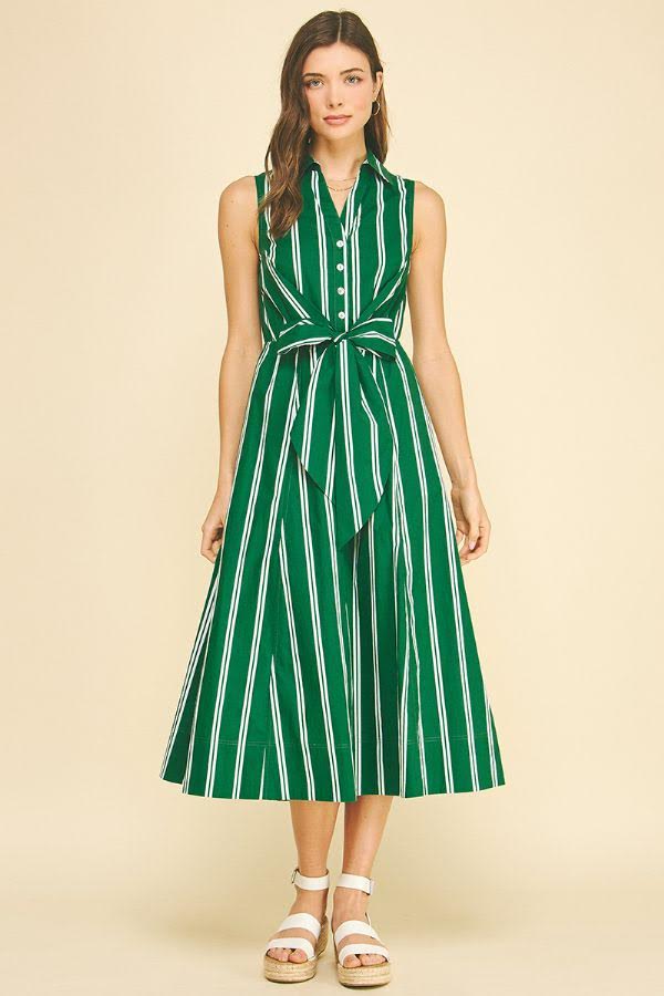 Naomi sleeveless cotton shirt dress in light blue with button-front closure.