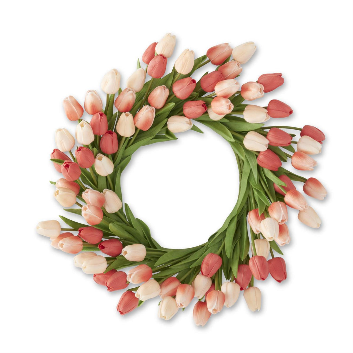 Twenty-two inch artificial tulip wreath in pink PU material with wire frame.