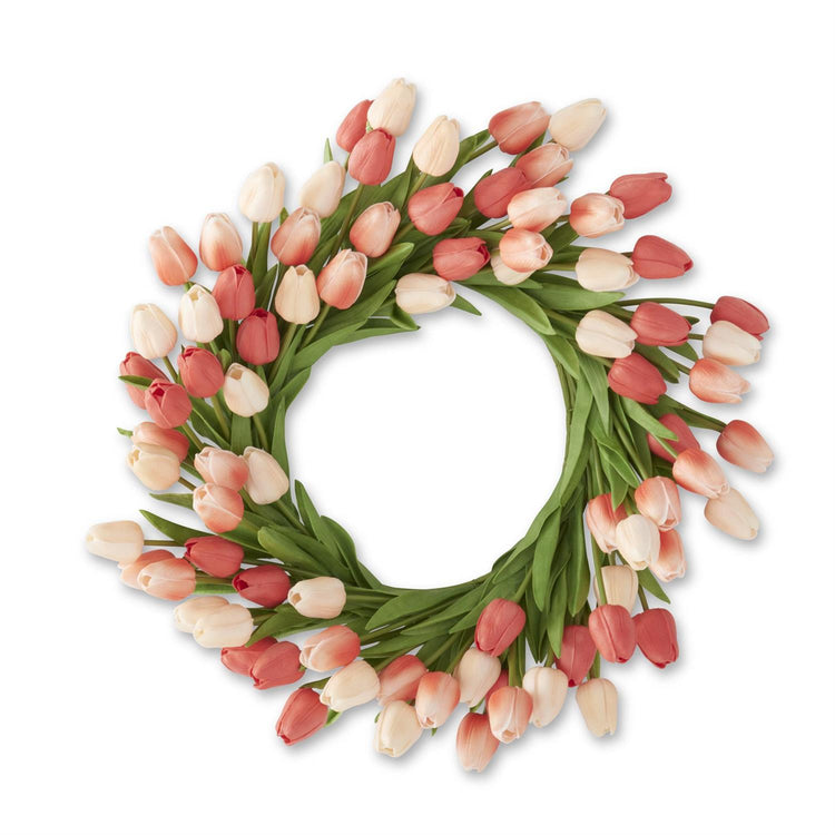 Twenty-two inch artificial tulip wreath in pink PU material with wire frame.