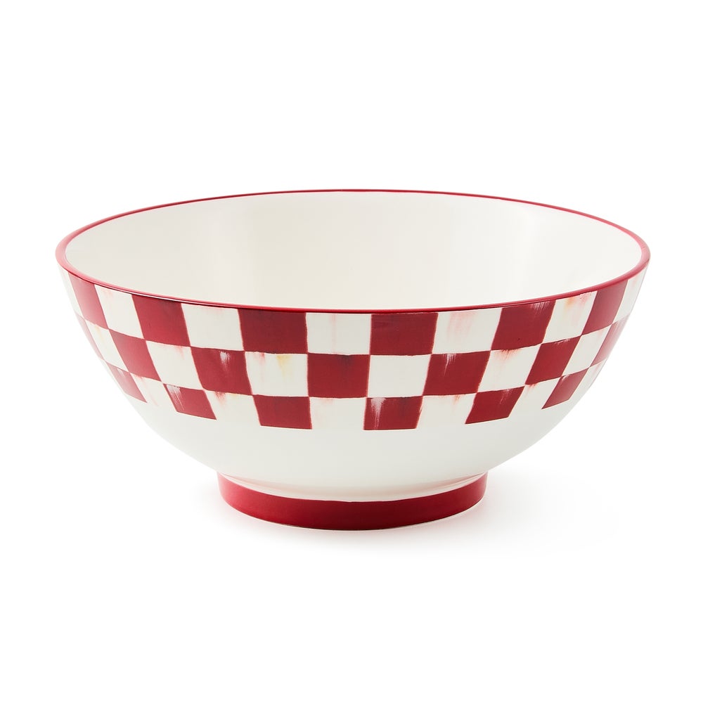 Cherry Check Serving Bowl made of stoneware with a red and white hand-painted checkered pattern.
